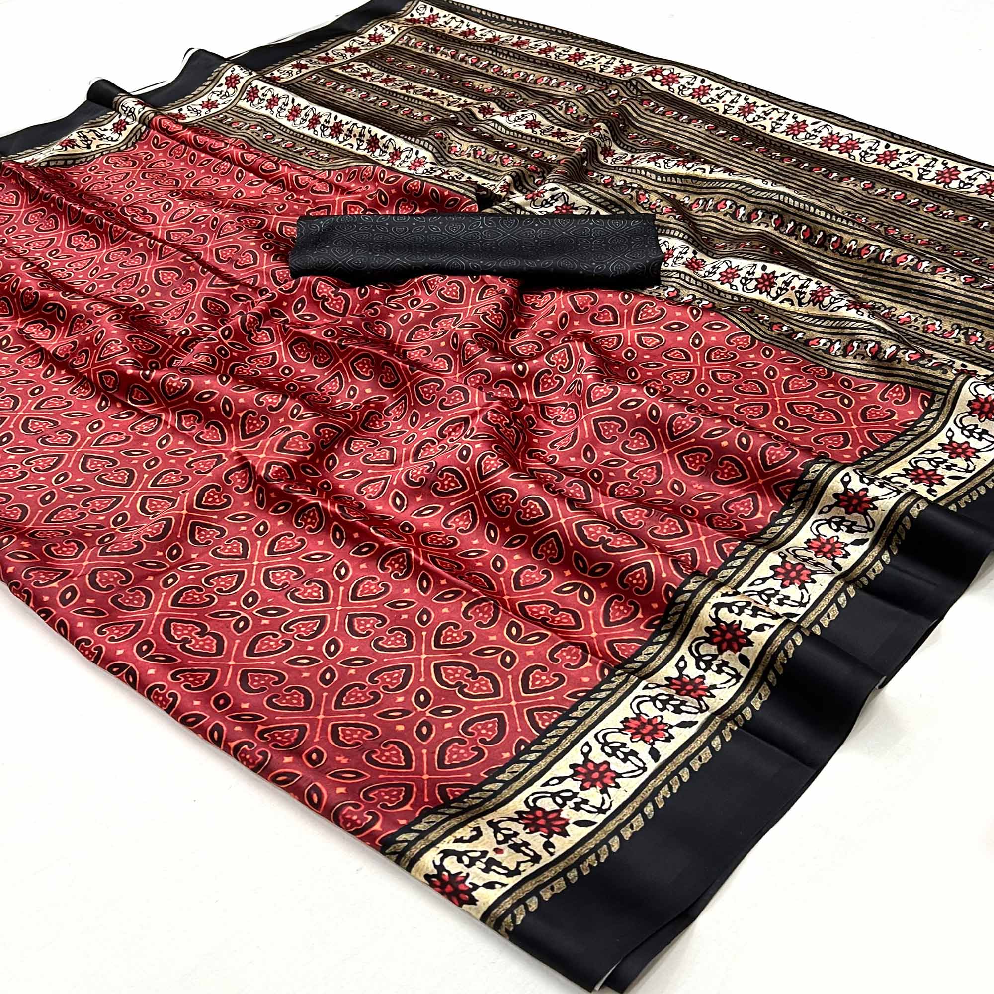 Red Digital Printed Crepe Saree