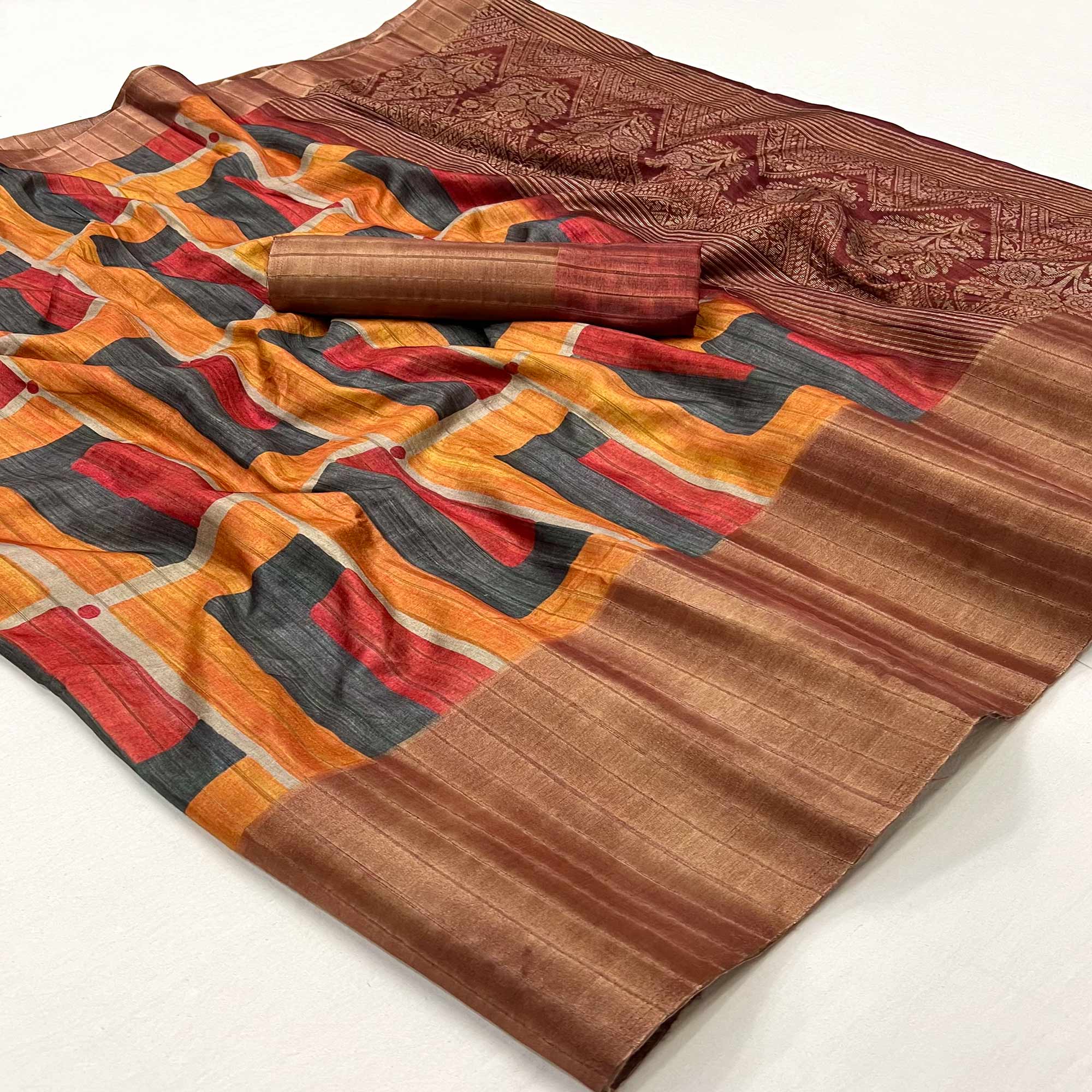 Orange & Rust Geometric Digital Printed Viscose Saree
