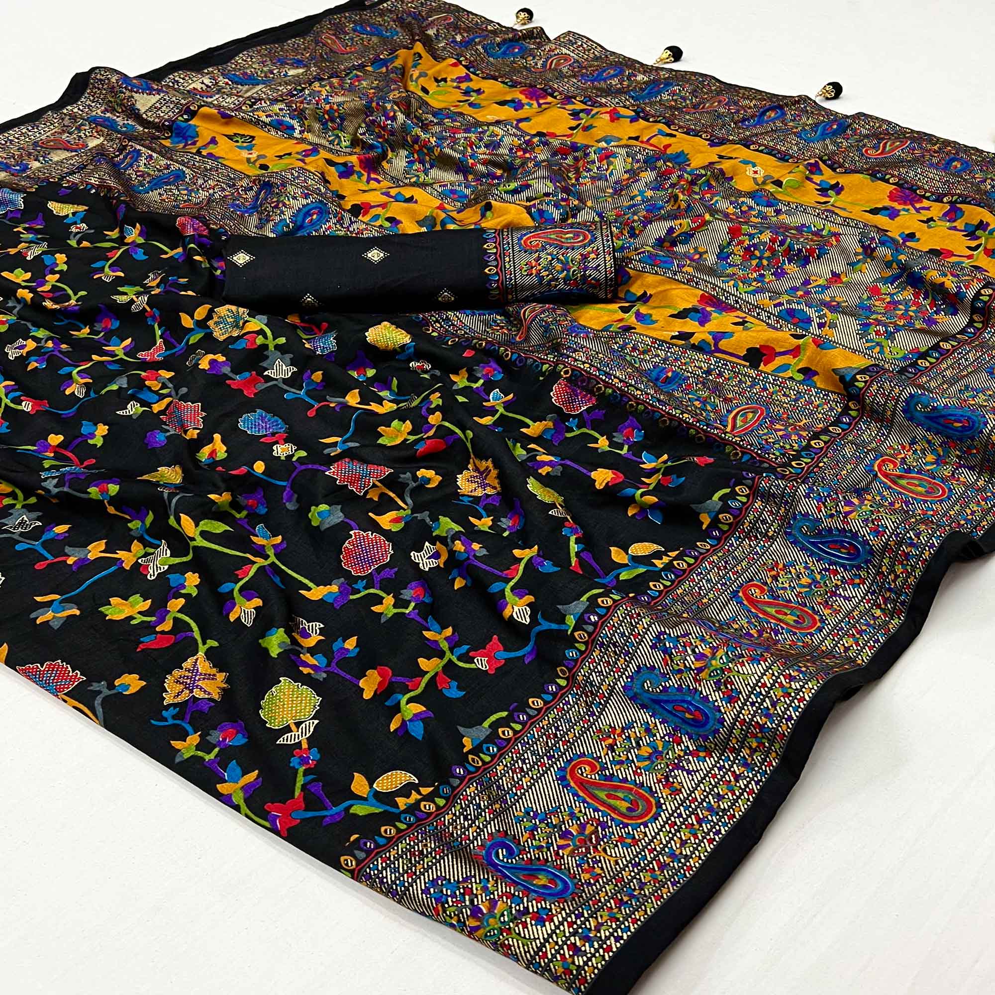 Black Floral Foil Printed Tussar Silk Saree