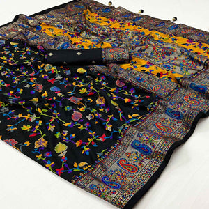 Black Floral Foil Printed Tussar Silk Saree