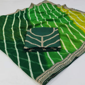 Green Printed Georgette Saree With lace Border