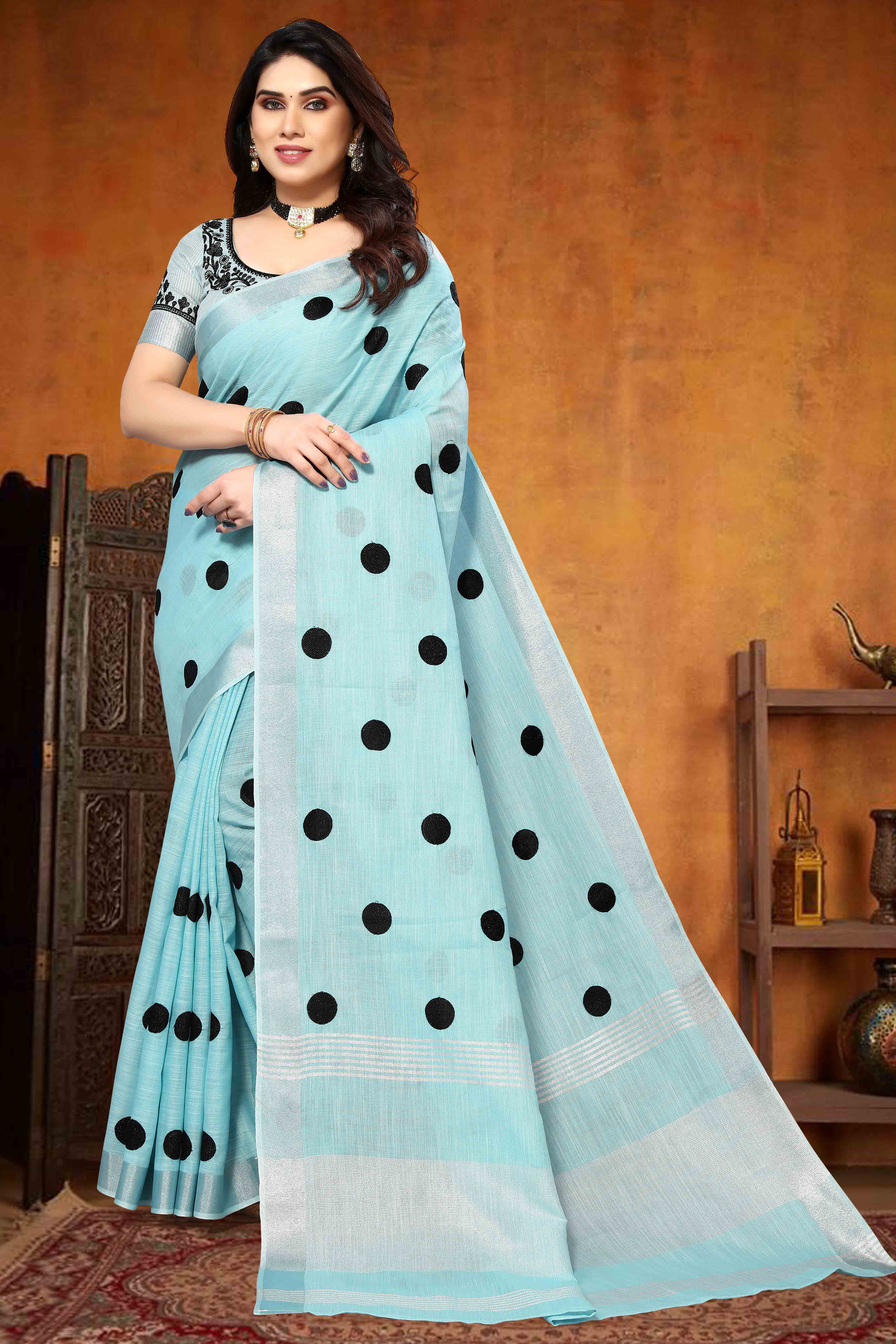 Blue Embroidered Linen Cotton Saree With Zari Border