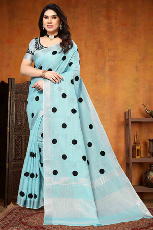 Blue Embroidered Linen Cotton Saree With Zari Border