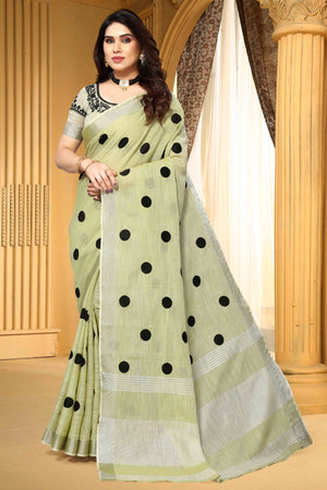 Pista Green Embroidered Linen Cotton Saree With Zari Border