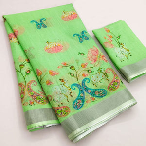 Pista Green Digital Printed Linen Saree