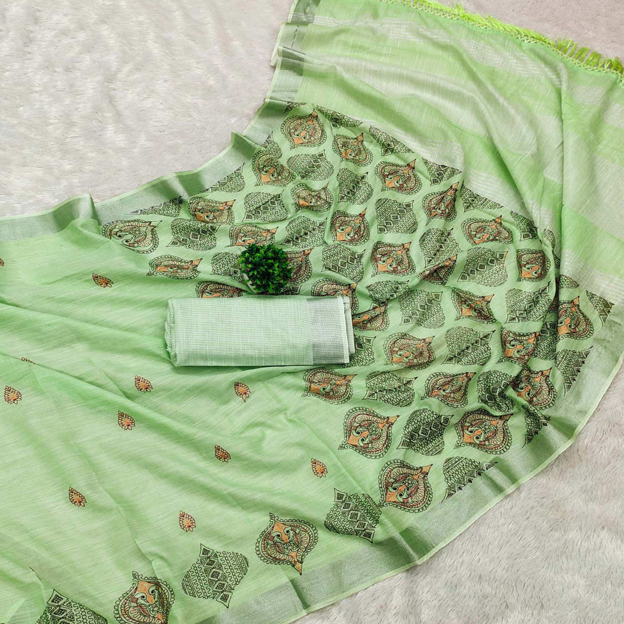 Green Embroidered Cotton Silk Saree With Tassels