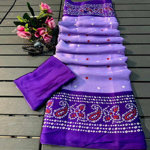 Lavender Satin Crepe Saree Showcasing Timeless Bandhani Print