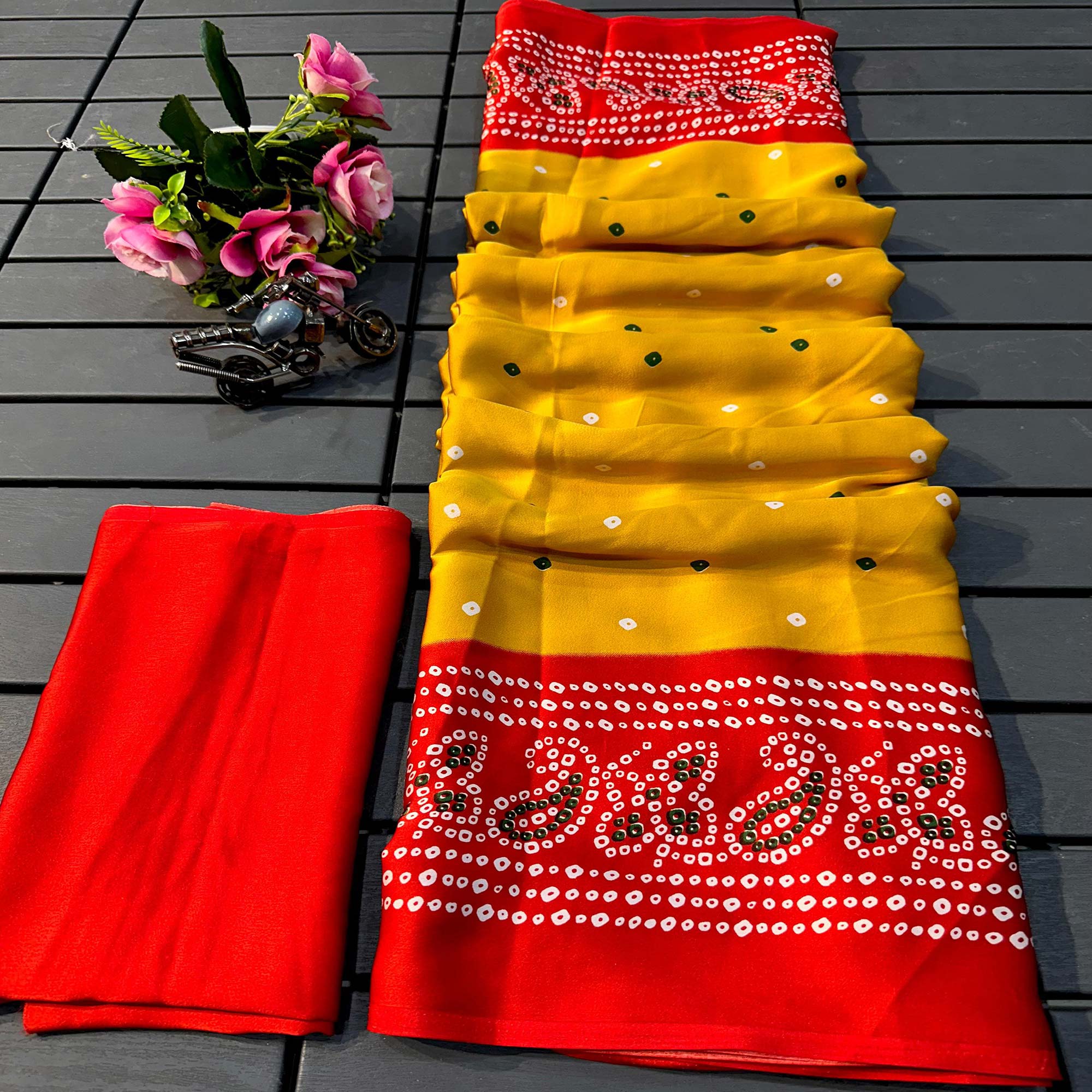 Mustard Satin Crepe Saree Showcasing Timeless Bandhani Print