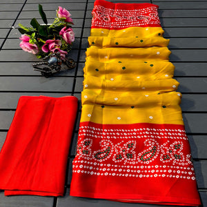 Mustard Satin Crepe Saree Showcasing Timeless Bandhani Print