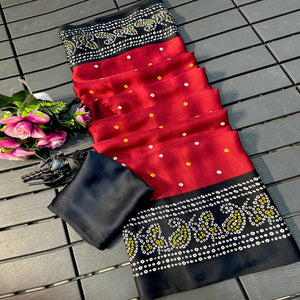 Red Satin Crepe Saree Showcasing Timeless Bandhani Print