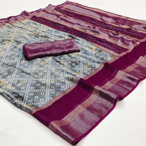 Grey Bandhani Printed Chiffon Saree With Zari Border