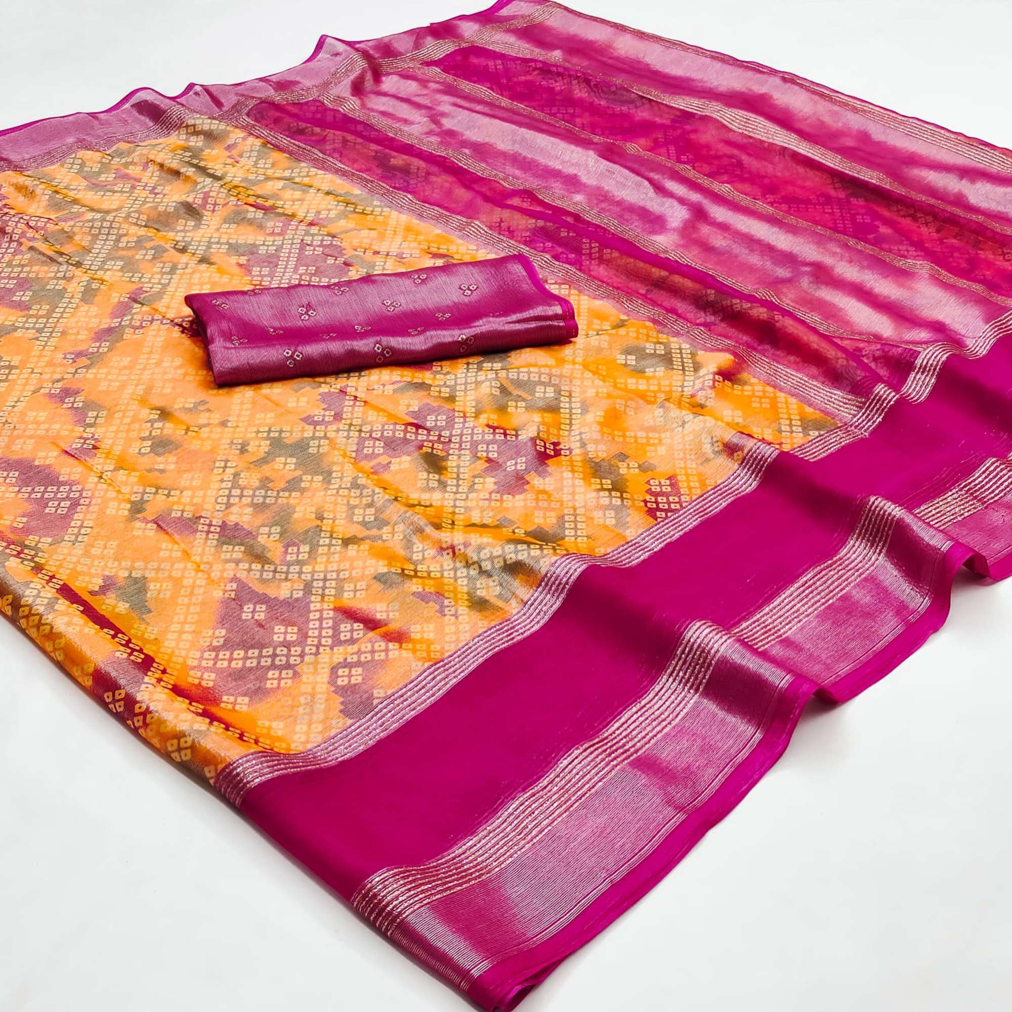 Orange Bandhani Printed Chiffon Saree With Zari Border