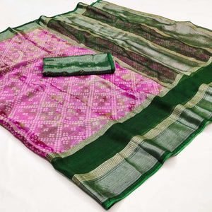 Pink Bandhani Printed Chiffon Saree With Zari Border