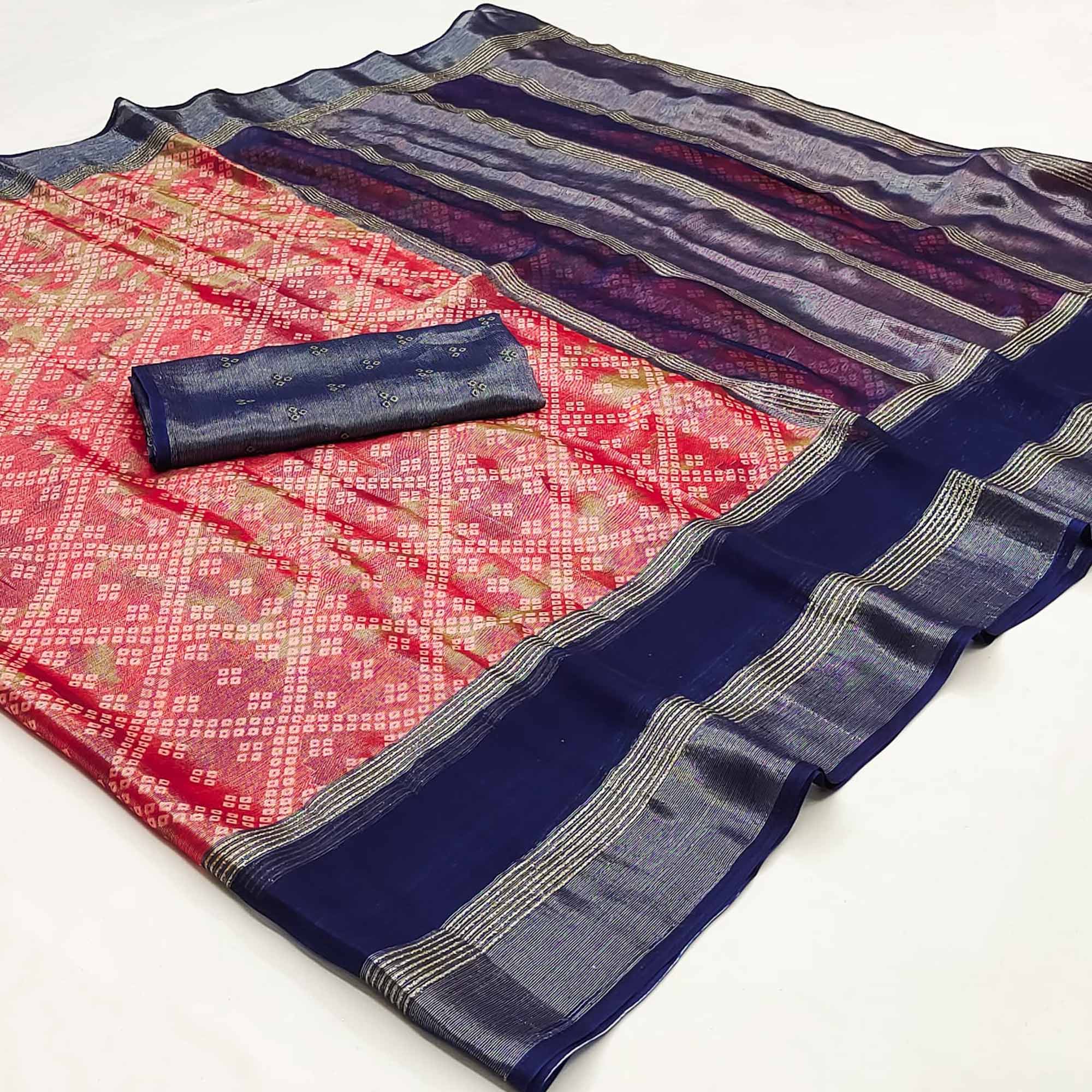 Red Bandhani Printed Chiffon Saree With Zari Border