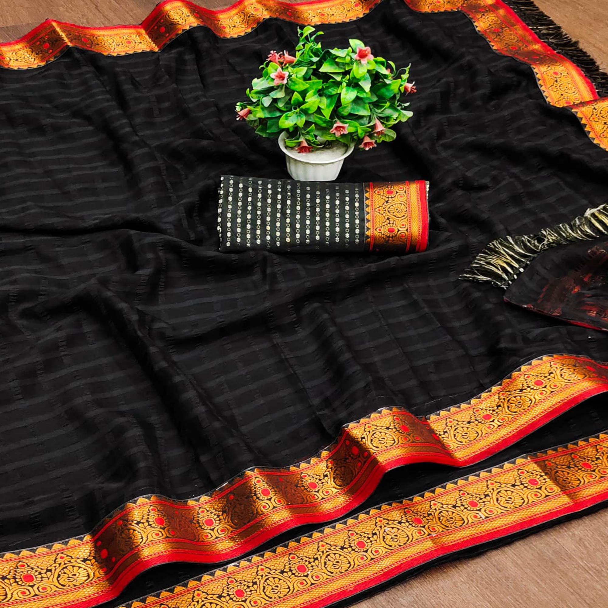 Black Woven Art Silk Saree With Jacquard Border