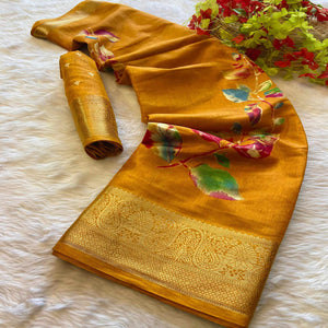 Mustard Floral Printed Dola Silk Saree