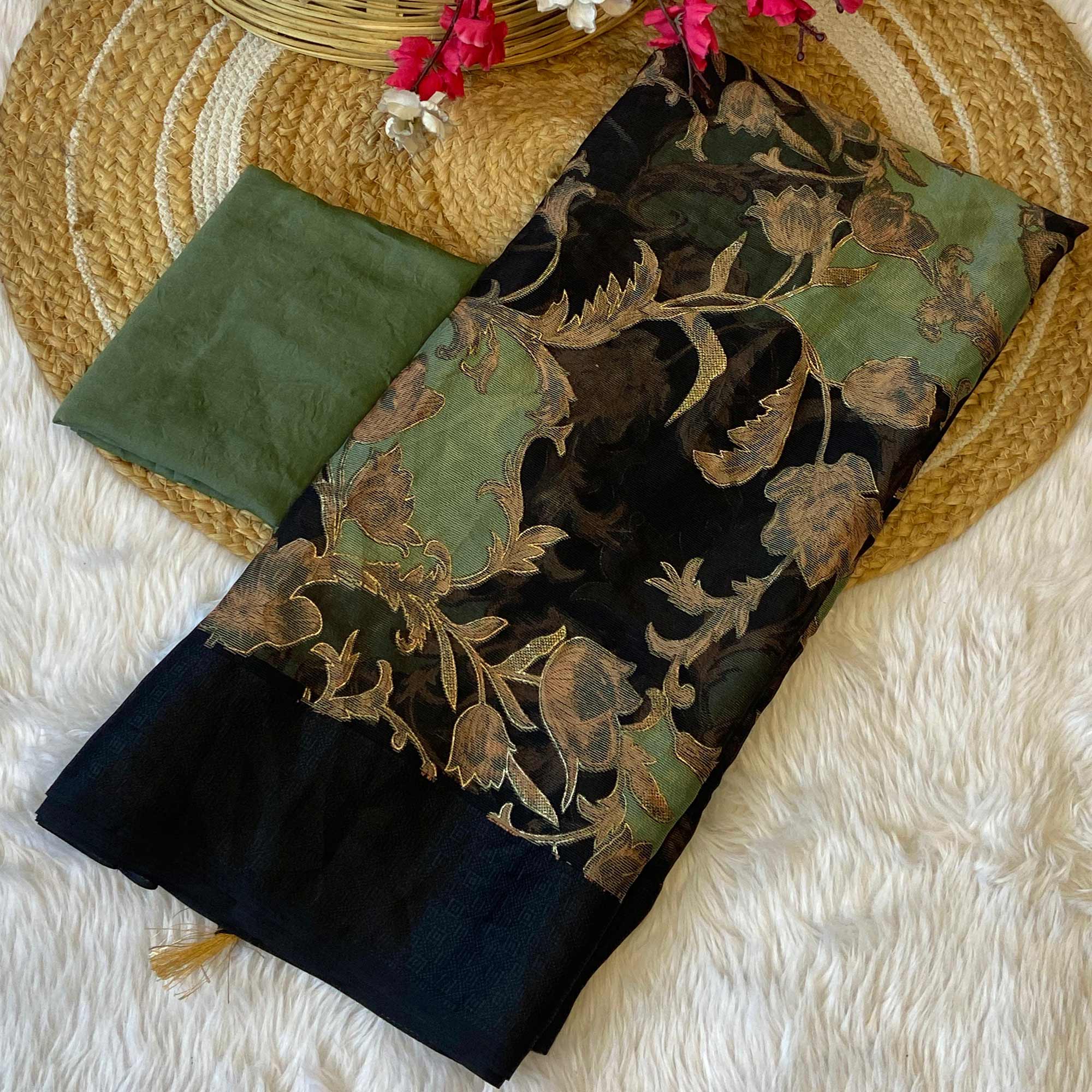 Black & Dark Green Foil Printed Brasso Saree for Party Wear