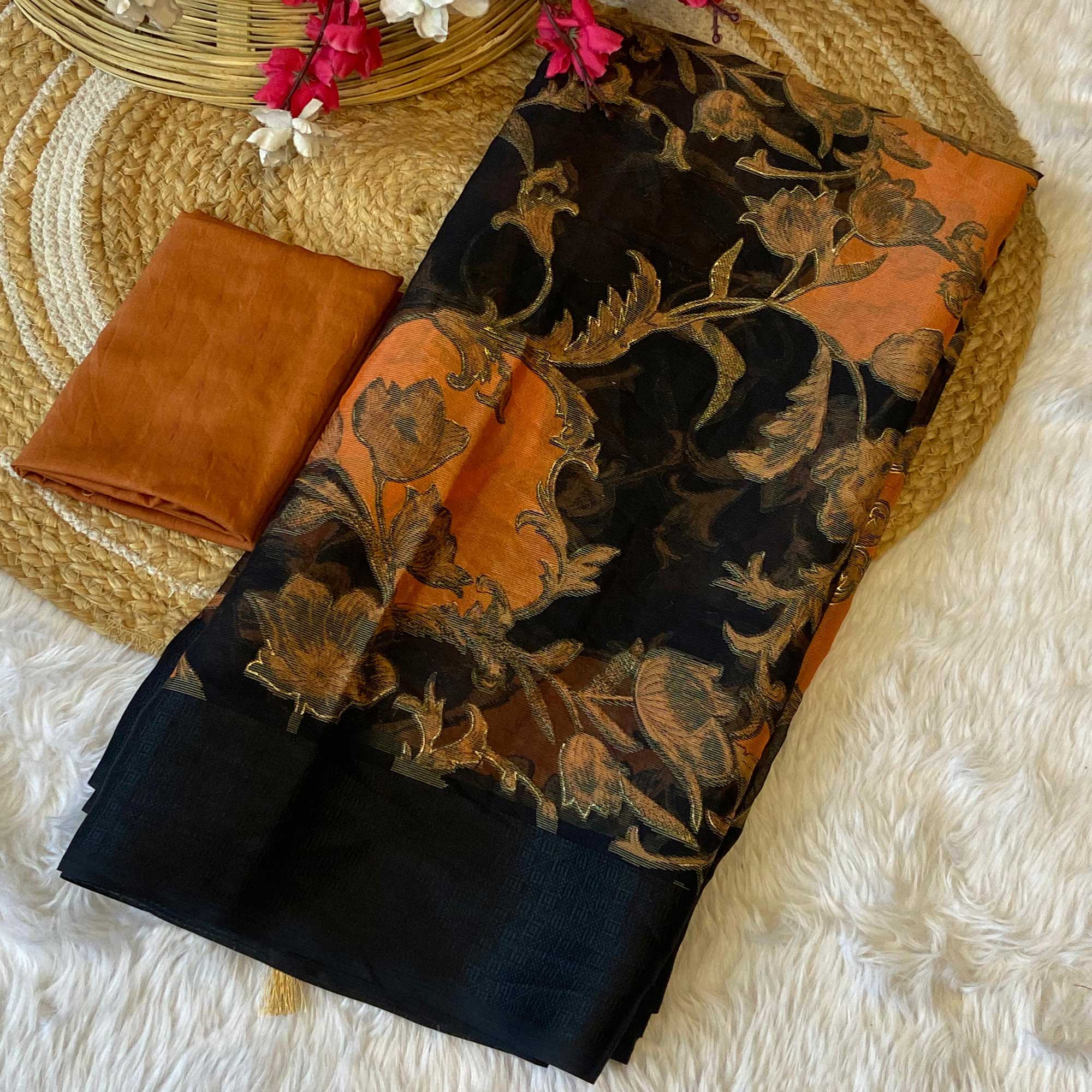 Black & Orange Foil Printed Brasso Saree for Party Wear