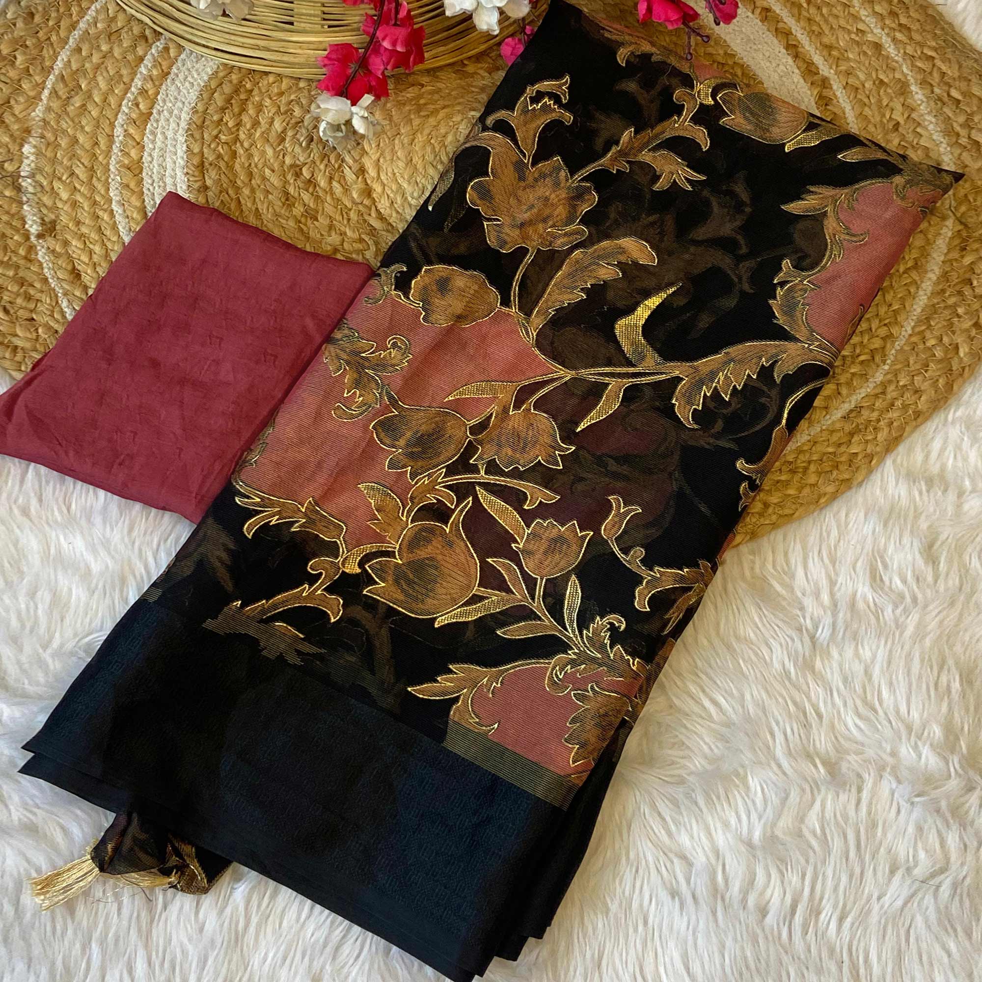 Black & Pink Foil Printed Brasso Saree for Party Wear