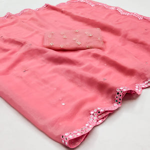 Peach Mirror Work Organza Saree
