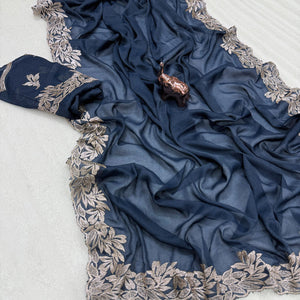 Stylish Blue Star Chiffon Saree with Traditional Zari Embellished Border