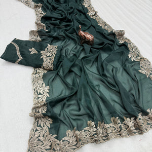 Stylish Dark Green Star Chiffon Saree with Traditional Zari Embellished Border