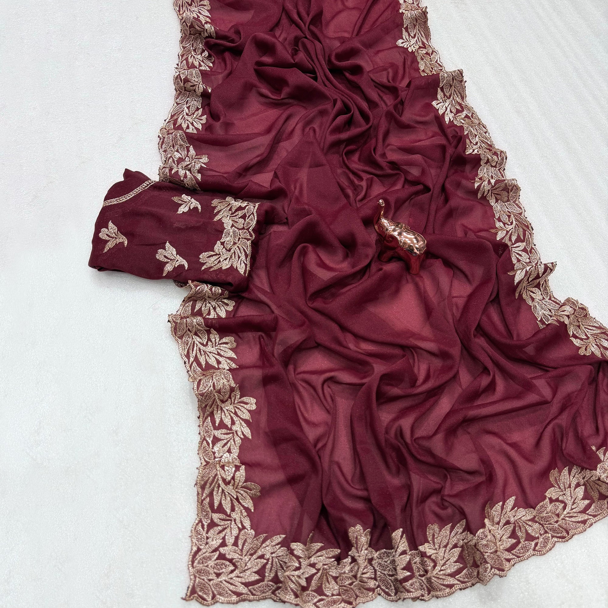 Stylish Maroon Star Chiffon Saree with Traditional Zari Embellished Border