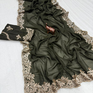 Stylish Mehendi Green Star Chiffon Saree with Traditional Zari Embellished Border