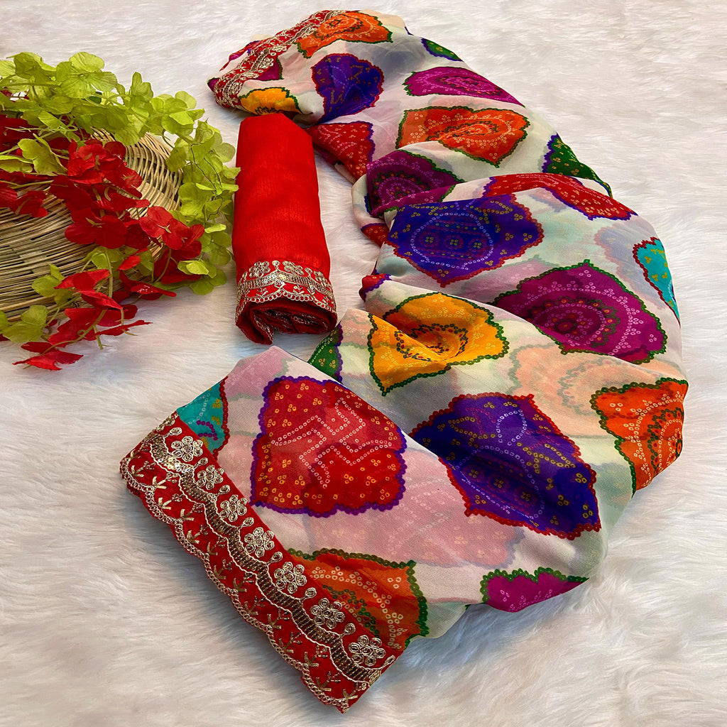 Orange Jaipur Bandhani Prints Georgette Saree With Embroidery Border