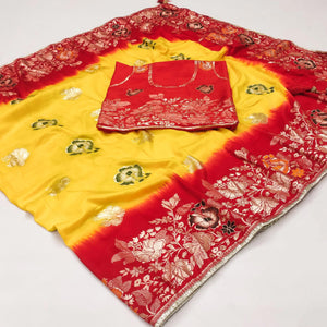 Yellow Floral Woven Pure Silk Saree With Tassels