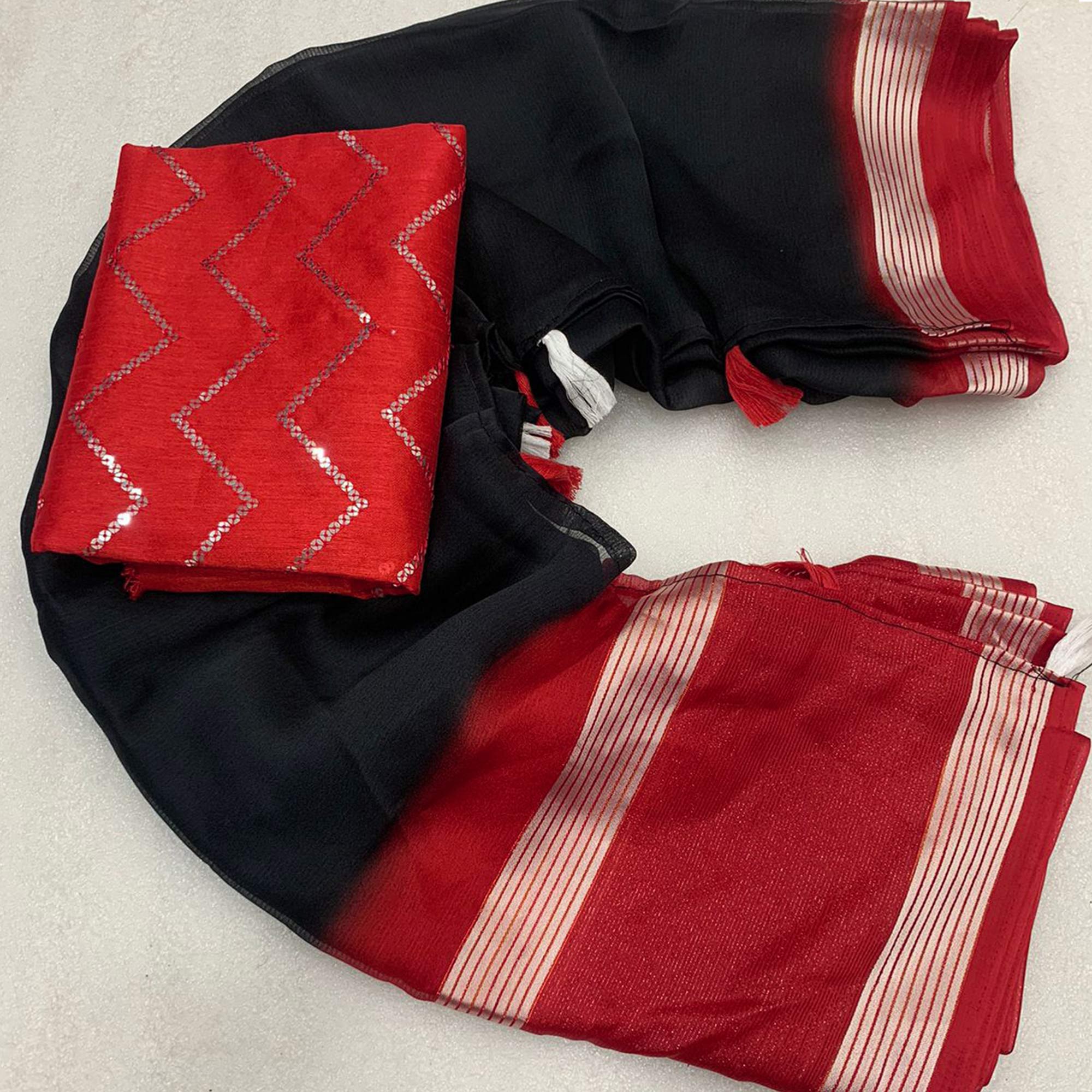 Black Woven Chiffon Saree With Tassels