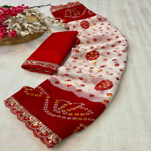 White & Red Bandhani Printed Georgette Saree