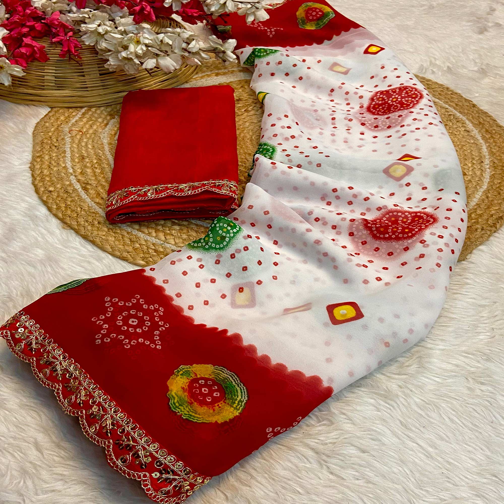 White & Red Bandhani Printed Georgette Saree