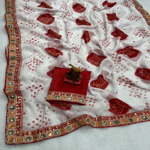 White & Red Bandhani Printed With Sequins Embroidered Georgette Saree