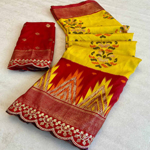 Yellow Patola Printed Dola Silk Saree With Sequins Border