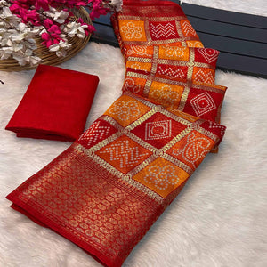Red & Orange Bandhani Foil Printed Dola Silk Saree With Woven Border