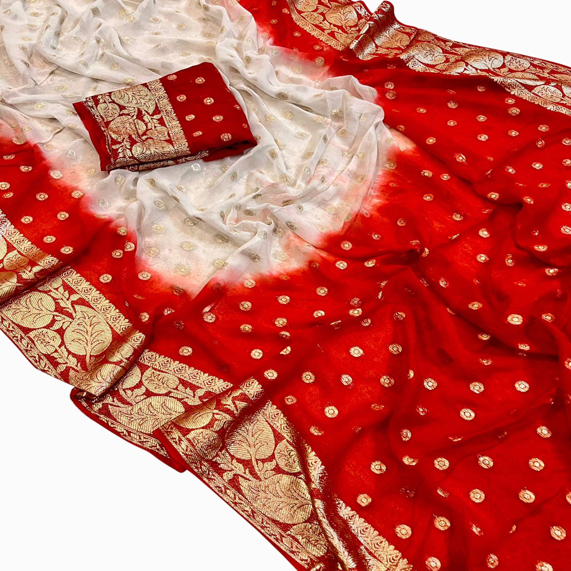 White & Red Zari Woven Viscose Saree
