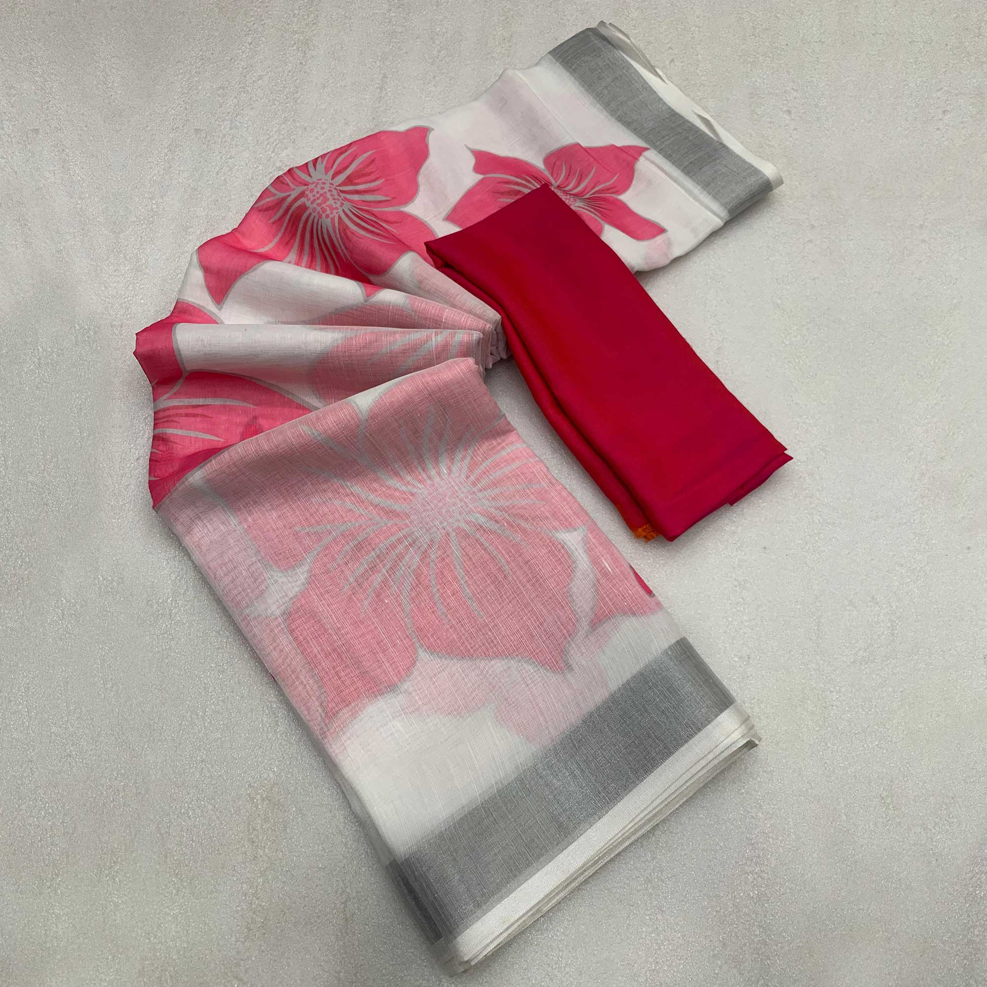 White & Pink Digital Floral Printed Linen Saree
