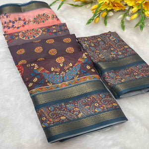 Dark Brown Floral Moss Georgette Saree with Elegant Drape & Soft Texture