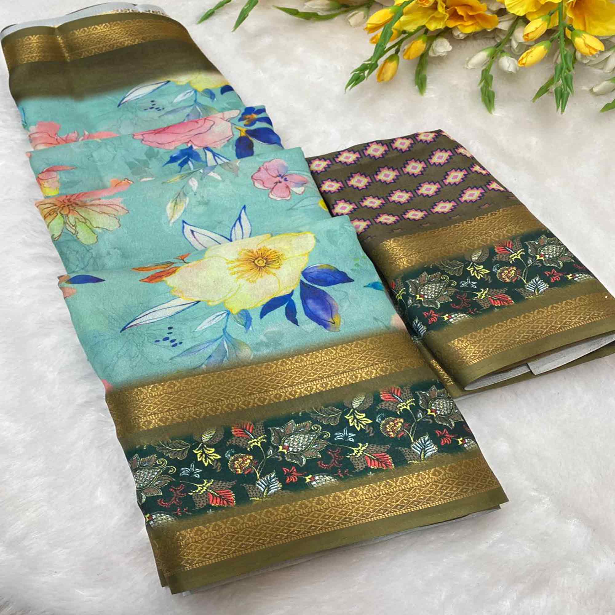 Turquoise Floral Moss Georgette Saree with Elegant Drape & Soft Texture