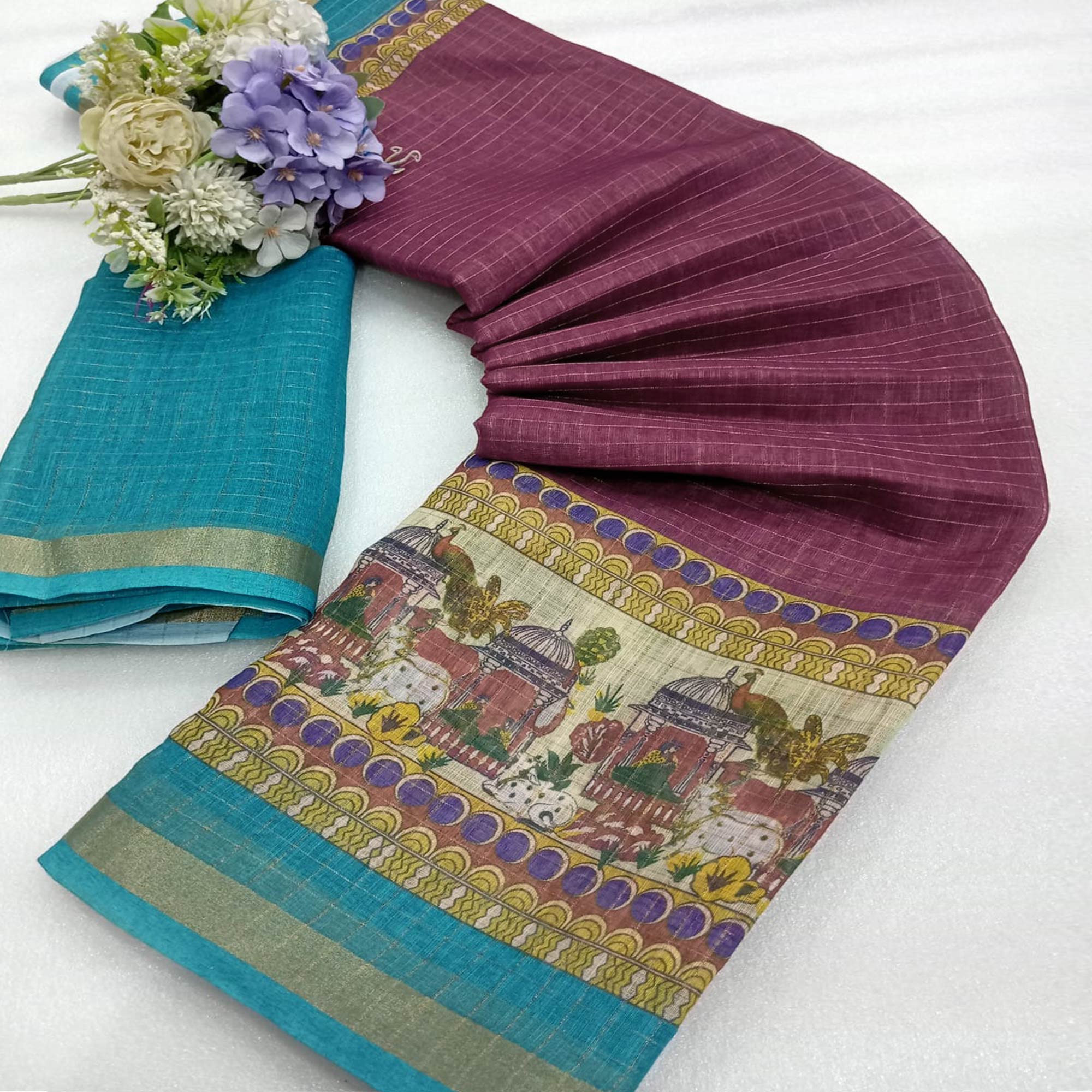 Wine Checks Zari Woven With Printed Linen Saree