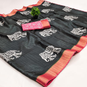 Black Cotton Silk Saree Woven on Handloom with Elegant Abstract Patterns