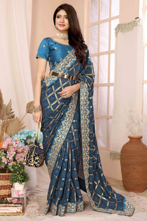 Blue Bandhani Printed Vichitra Silk Saree With Embroidered Border