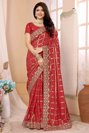 Red Bandhani Printed Vichitra Silk Saree With Embroidered Border