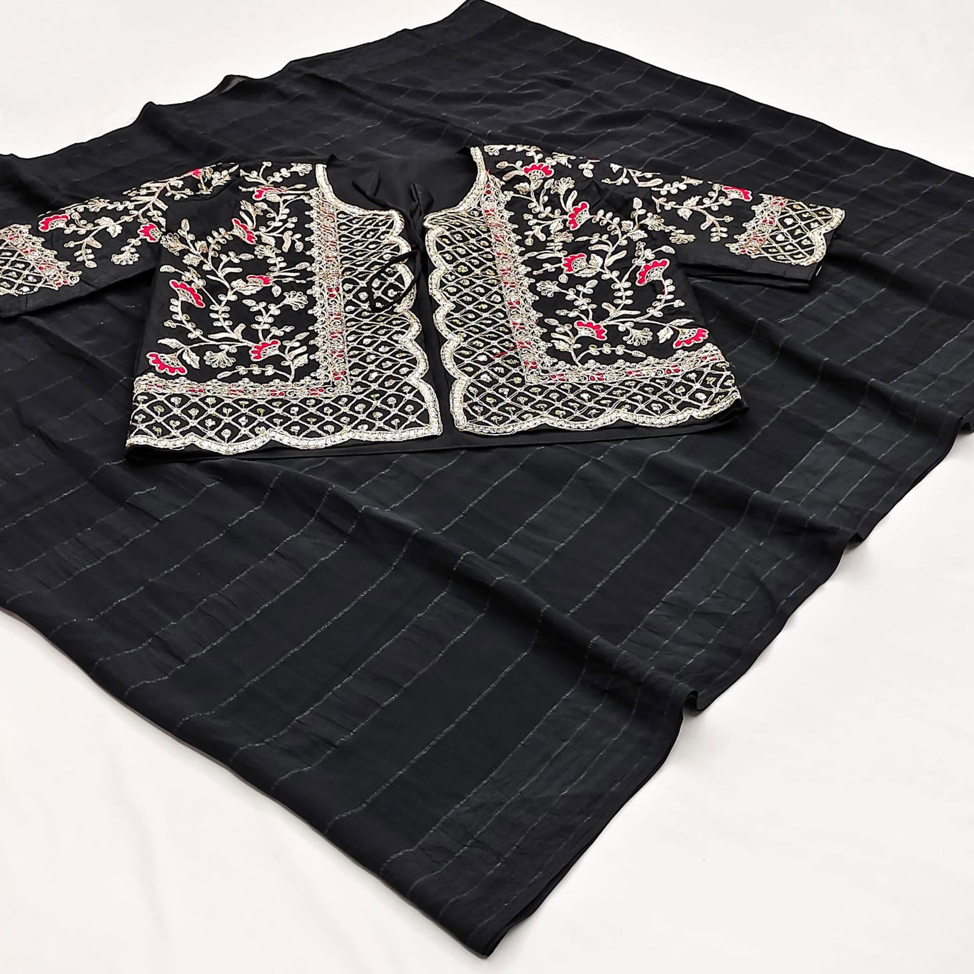 Black Woven Georgette Saree With Embroidered Jacket