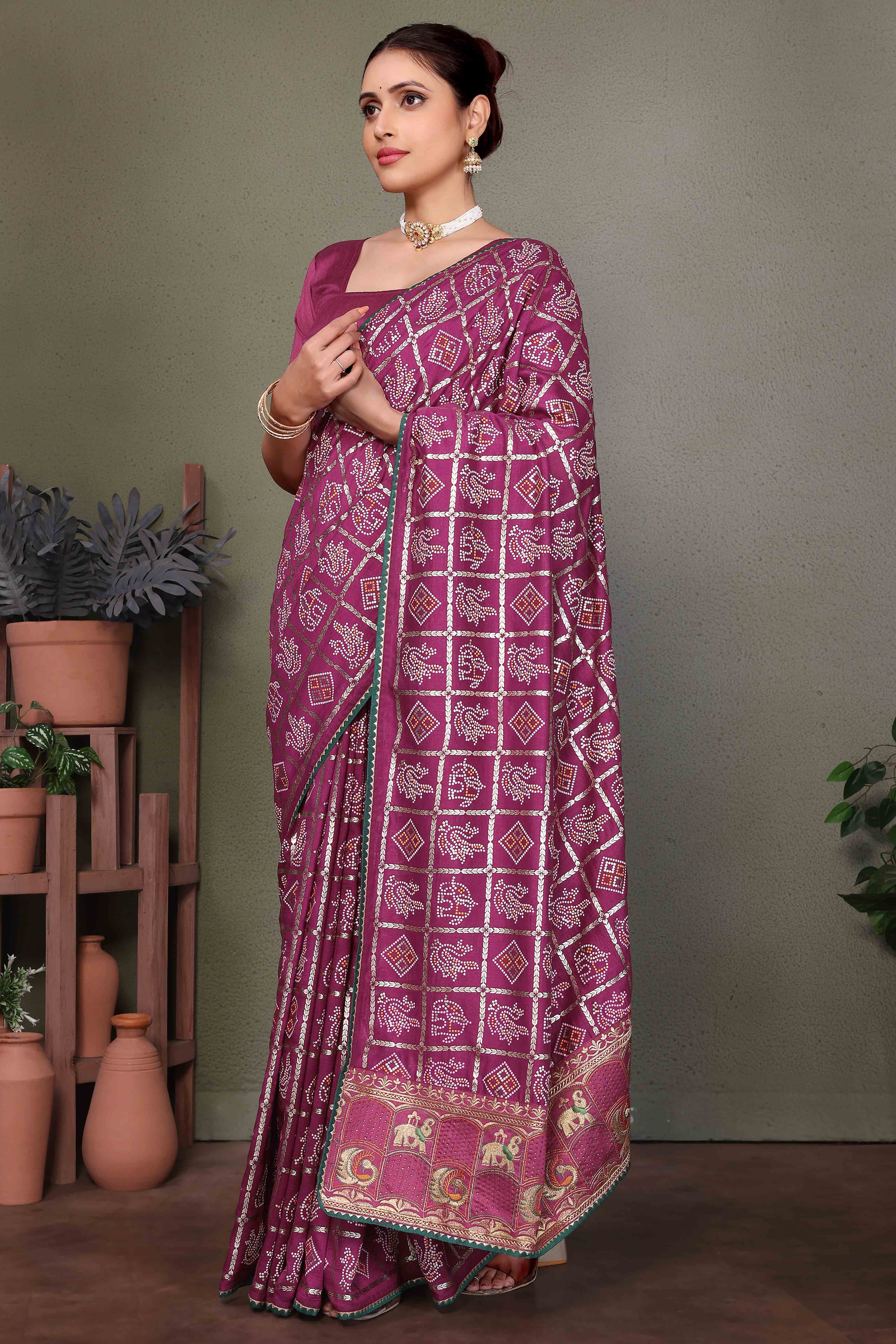 Purple Vichitra Silk Saree Featuring Bandhani Patterns and Graceful Embroidered Borders