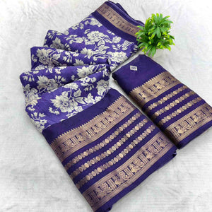 Luxurious Majorelle Blue Floral Print Dola Silk Saree With Intricate Peacock Motif Zari Woven Border