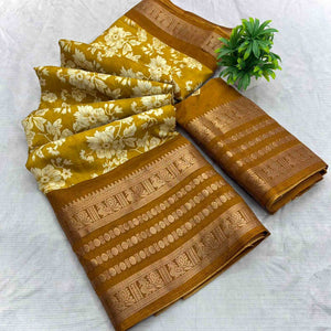 Luxurious Mustard Floral Print Dola Silk Saree With Intricate Peacock Motif Zari Woven Border