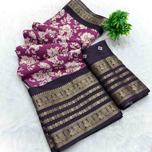 Luxurious Wine Floral Print Dola Silk Saree With Intricate Peacock Motif Zari Woven Border