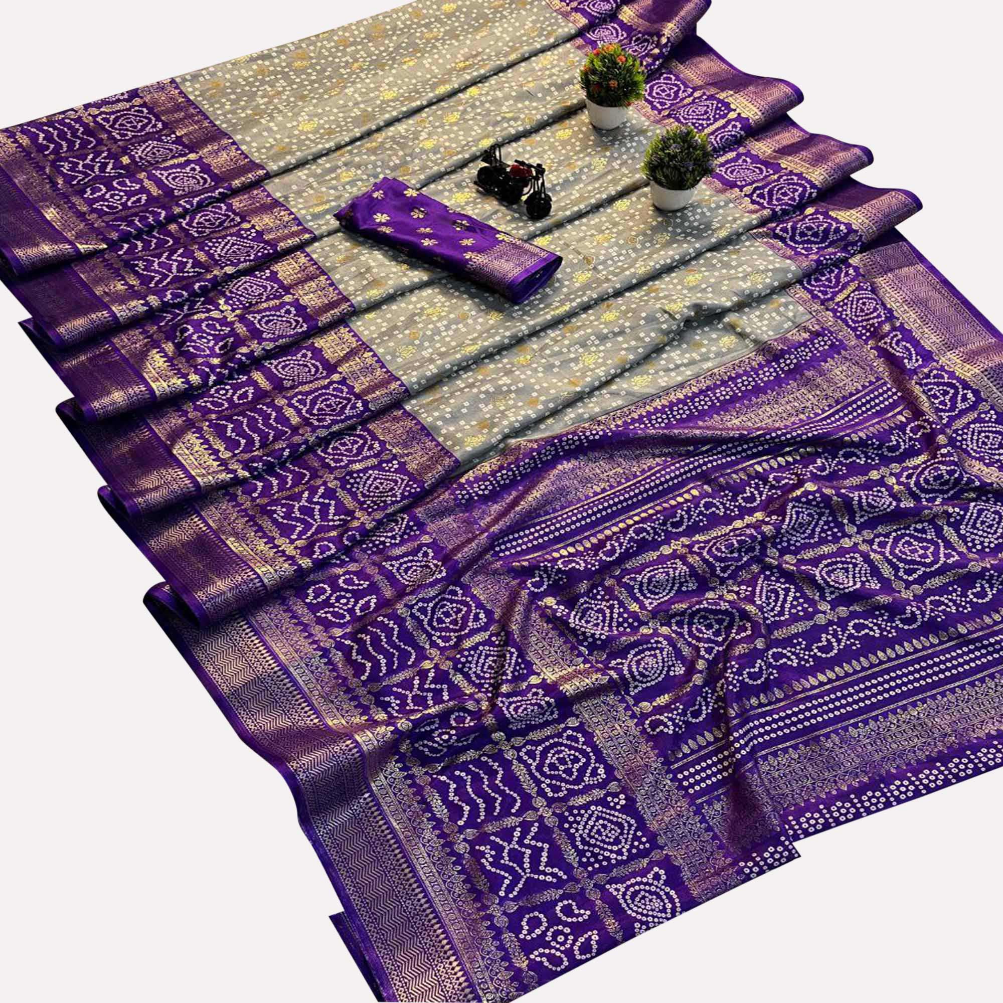 Grey & Purple Dola Silk Saree Featuring Traditional Bandhani Print & Woven Border